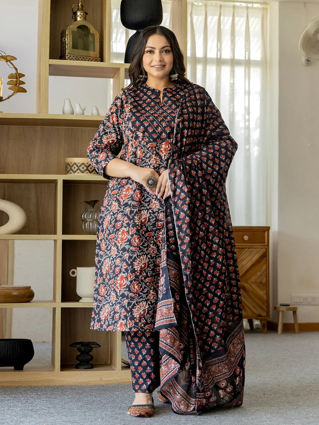 Yufta Pure Cotton Black Plus Size Kurta Dupatta Pant Set | Grocsy