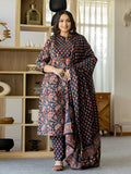 Yufta Pure Cotton Black Plus Size Kurta Dupatta Pant Set | Grocsy