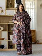 Yufta Pure Cotton Black Plus Size Kurta Dupatta Pant Set | Grocsy