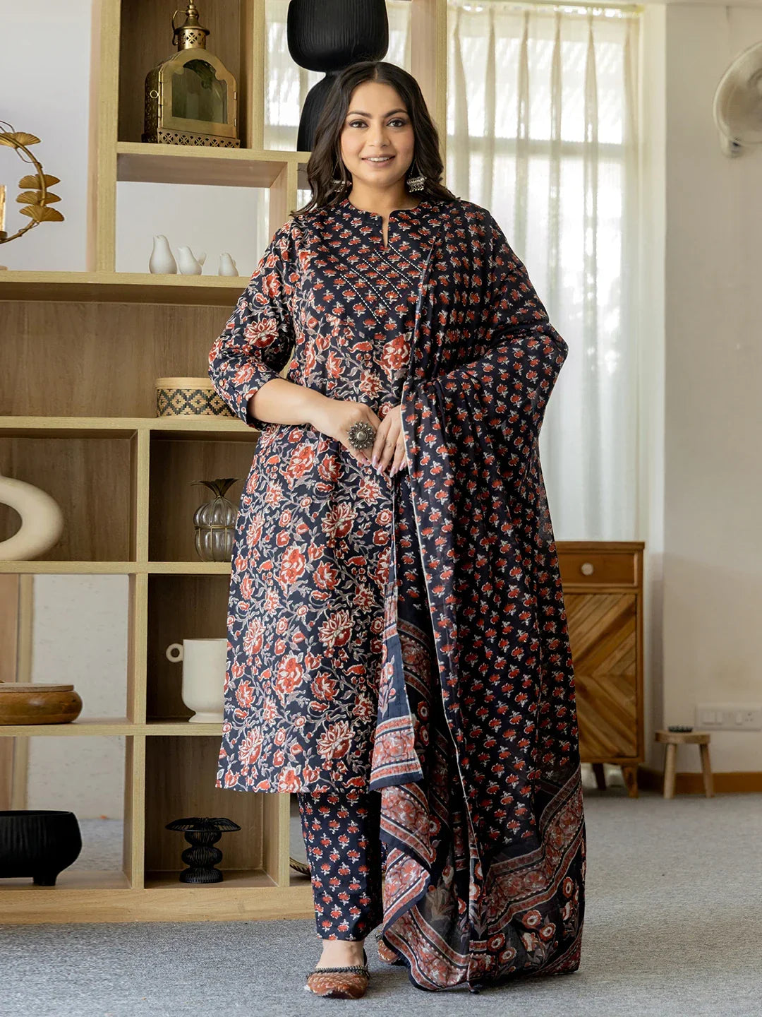 Yufta Pure Cotton Black Plus Size Kurta Dupatta Pant Set | Grocsy