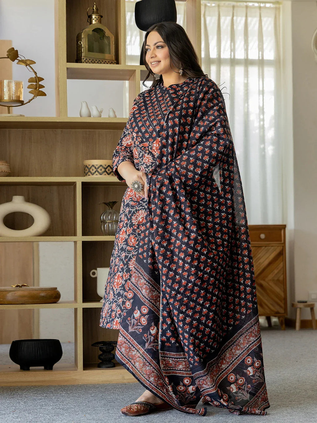 Yufta Pure Cotton Black Plus Size Kurta Dupatta Pant Set | Grocsy