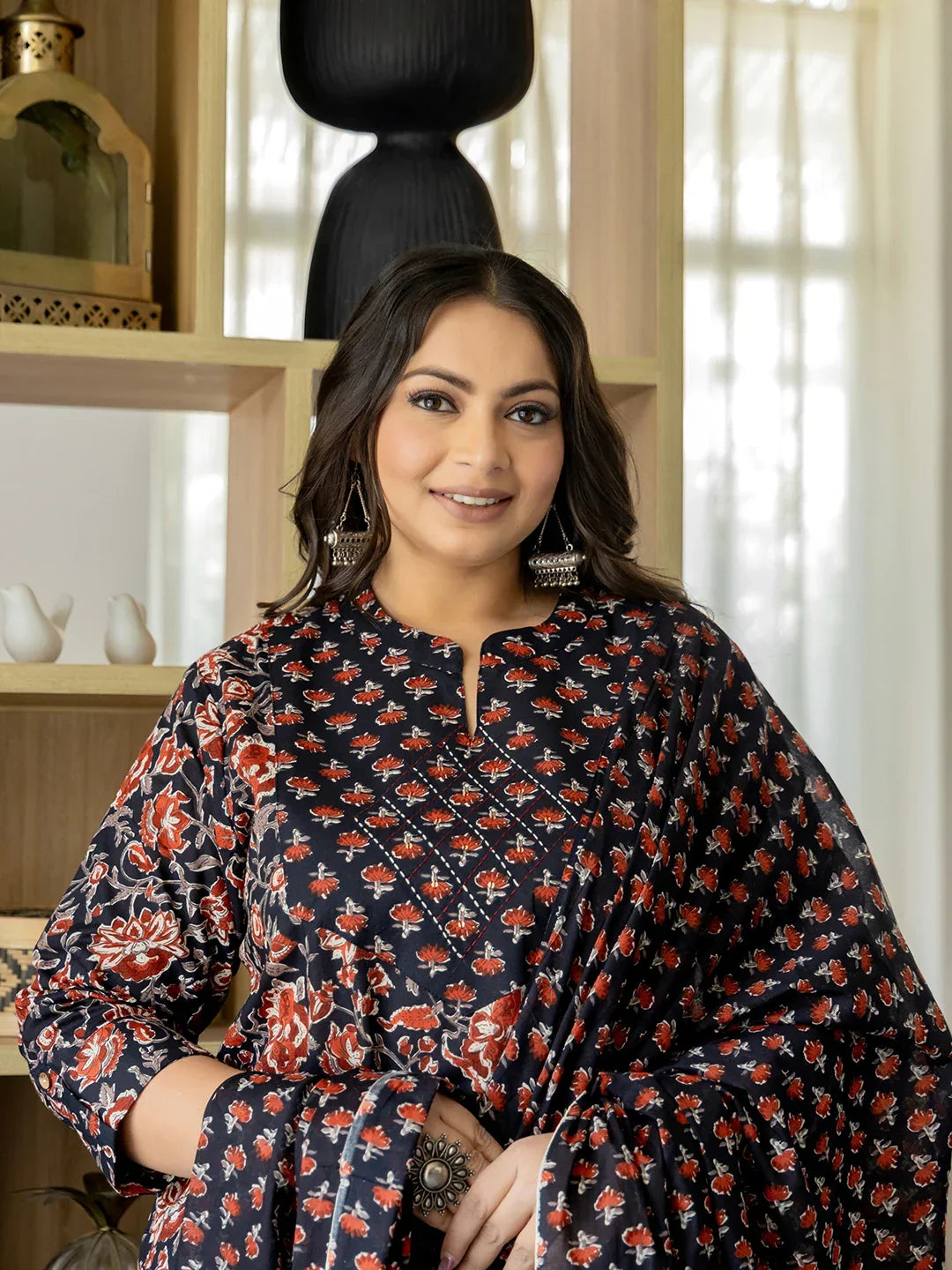 Yufta Pure Cotton Black Plus Size Kurta Dupatta Pant Set | Grocsy