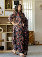 Yufta Pure Cotton Black Plus Size Kurta Dupatta Pant Set | Grocsy