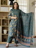 Yufta Pure Cotton Teal Green Kurta Dupatta Pant Set With Handwork | Grocsy