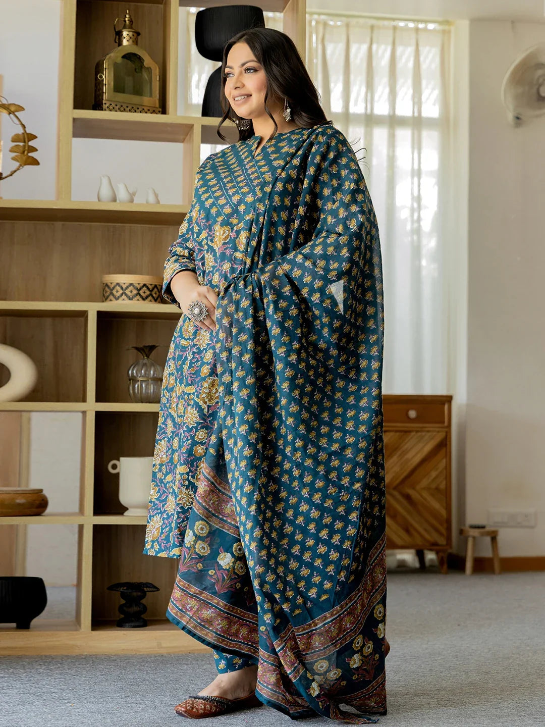 Yufta Pure Cotton Teal Green Kurta Dupatta Pant Set With Handwork | Grocsy
