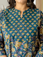 Yufta Pure Cotton Teal Green Kurta Dupatta Pant Set With Handwork | Grocsy