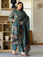 Yufta Pure Cotton Teal Green Kurta Dupatta Pant Set With Handwork | Grocsy