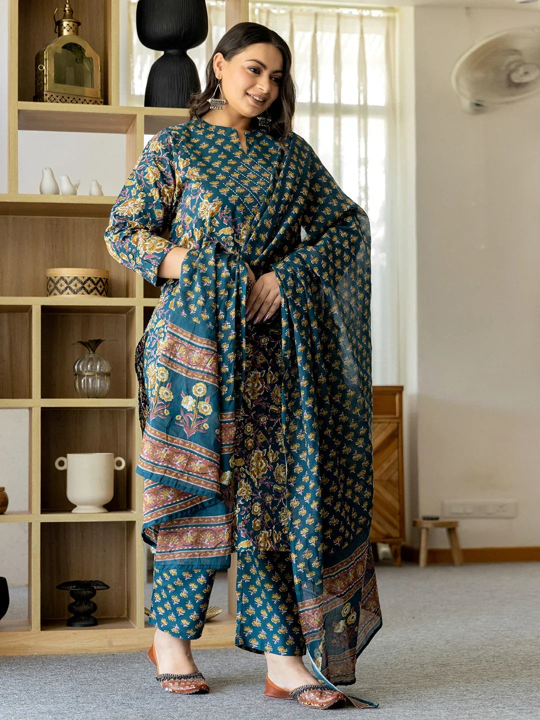 Yufta Pure Cotton Teal Green Kurta Dupatta Pant Set With Handwork | Grocsy