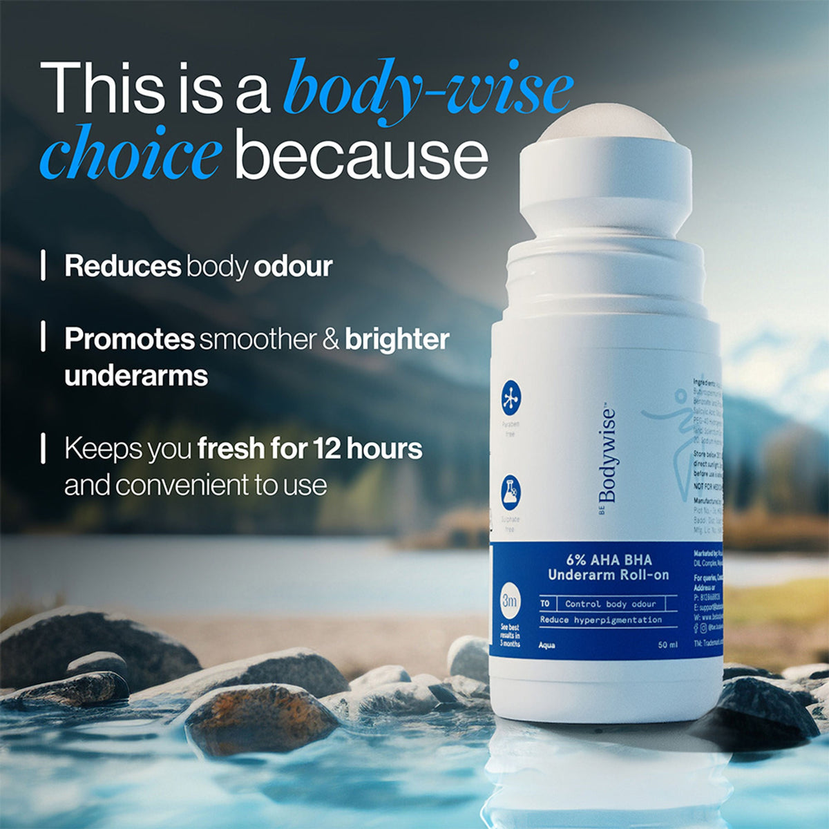 BeBodywise 6% AHA BHA Underarm Roll On - Advanced Formulation For Pigmentation & Odour Control-Aqua | Grocsy