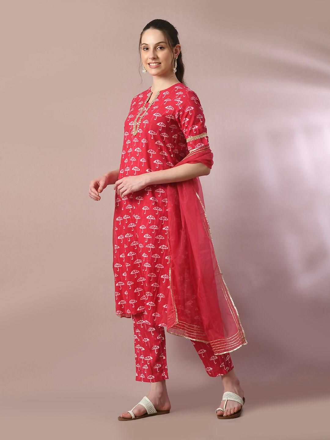 Myshka Women's Pink Printed Cotton Straight Party Kurta Set With Dupatta | Grocsy