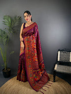 Elora Wine Pashmina Silk Meenakari Weaving Madhubani Design Kashmiri Saree | Grocsy
