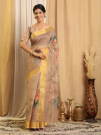 Shivam Fabrics Beige Chanderi Fabric Printed Saree | Grocsy