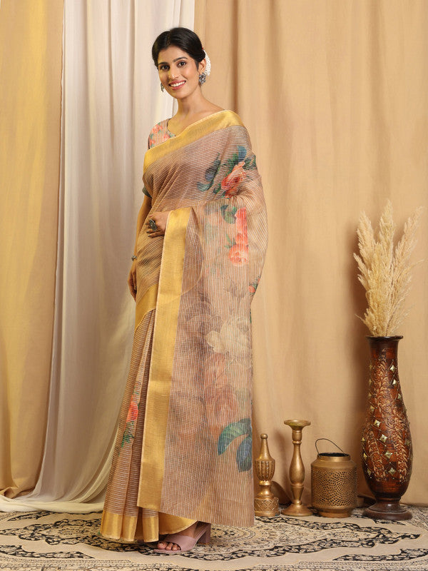 Shivam Fabrics Beige Chanderi Fabric Printed Saree | Grocsy