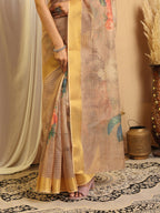 Shivam Fabrics Beige Chanderi Fabric Printed Saree | Grocsy