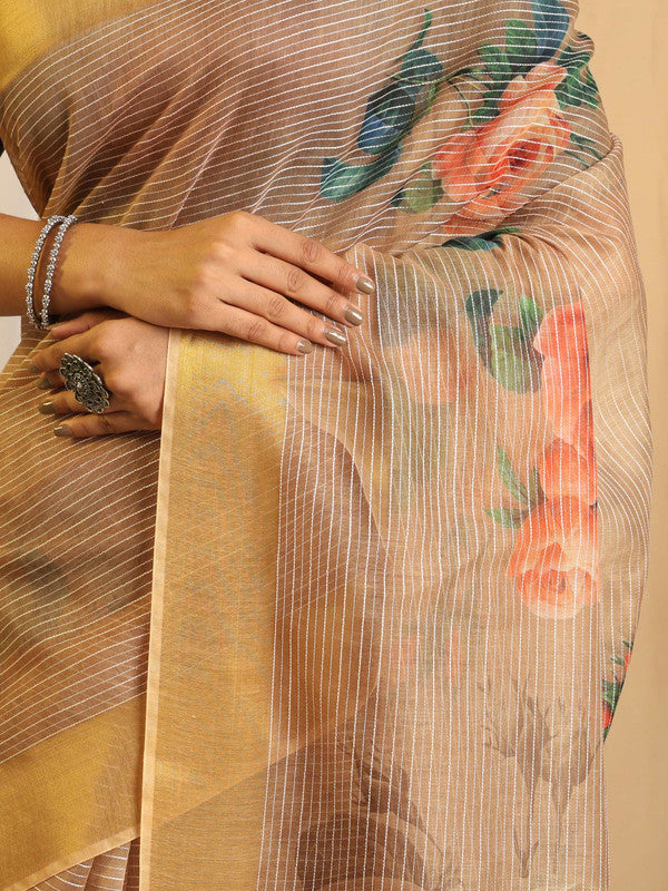 Shivam Fabrics Beige Chanderi Fabric Printed Saree | Grocsy