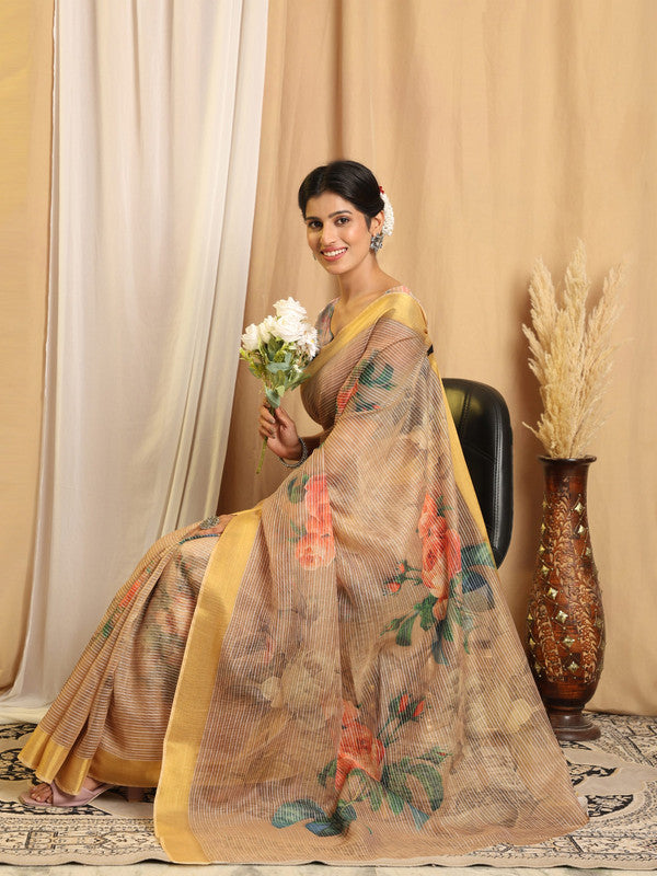 Shivam Fabrics Beige Chanderi Fabric Printed Saree | Grocsy