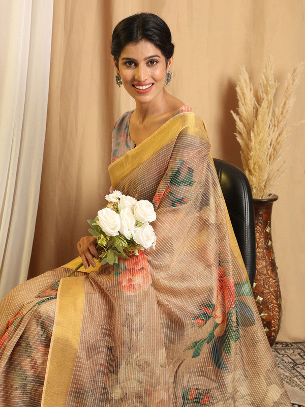 Shivam Fabrics Beige Chanderi Fabric Printed Saree | Grocsy