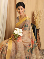 Shivam Fabrics Beige Chanderi Fabric Printed Saree | Grocsy