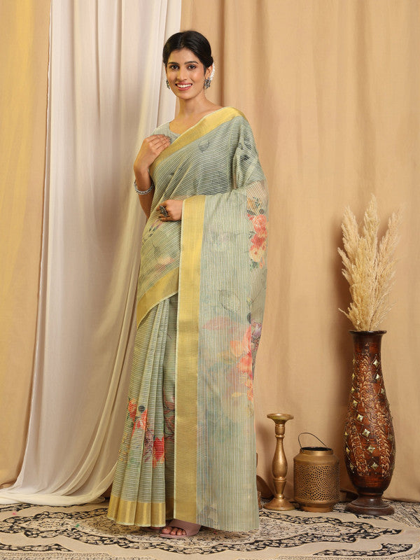 Shivam Fabrics Green Chanderi Fabric Printed Saree | Grocsy