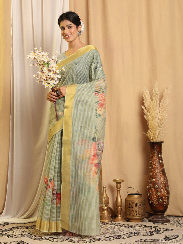 Shivam Fabrics Green Chanderi Fabric Printed Saree | Grocsy