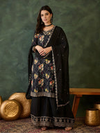 The52 Women's Gorgeous Embroidery Chinon Fabric Straight Kurta Palazzo and Dupatta Set-Black | Grocsy