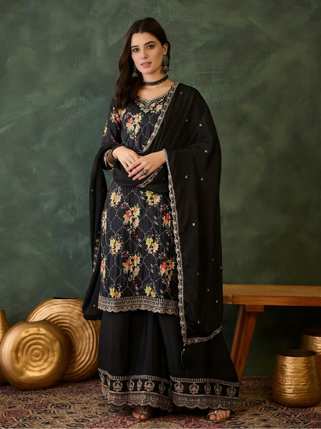 The52 Women's Gorgeous Embroidery Chinon Fabric Straight Kurta Palazzo and Dupatta Set-Black | Grocsy