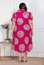 Miravan Plus Size Womens Pink Printed Collar Neck Short Puff Sleeves Cotton A-Line Maxi Dress | Grocsy
