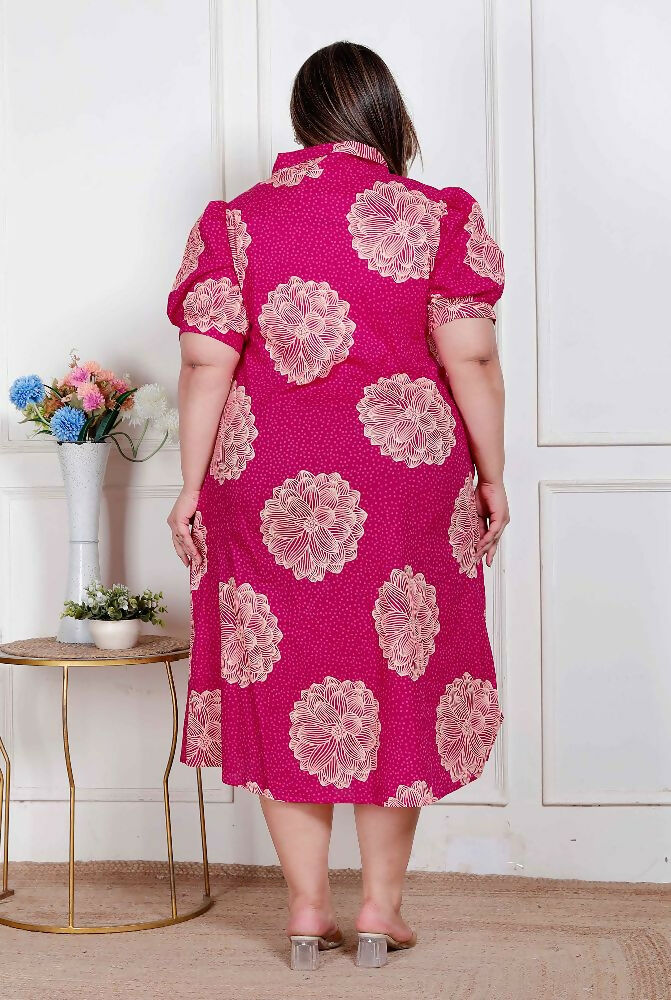 Miravan Plus Size Womens Pink Printed Collar Neck Short Puff Sleeves Cotton A-Line Maxi Dress | Grocsy