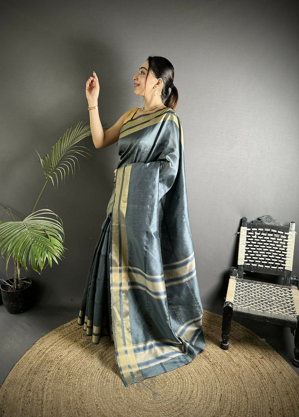 Joban Fashion Dark Grey Woven Pattern Raw Silk Kanjivaram Silk Saree | Grocsy