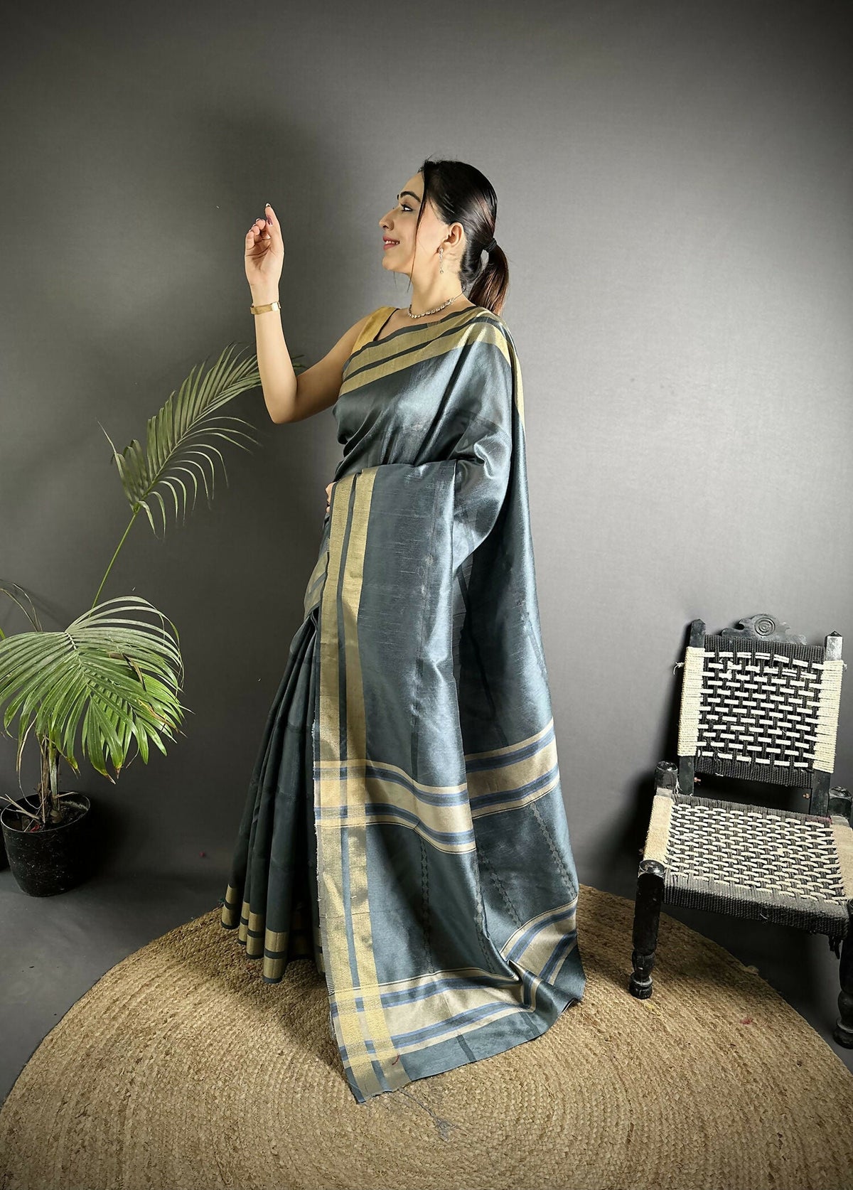 Joban Fashion Dark Grey Woven Pattern Raw Silk Kanjivaram Silk Saree | Grocsy