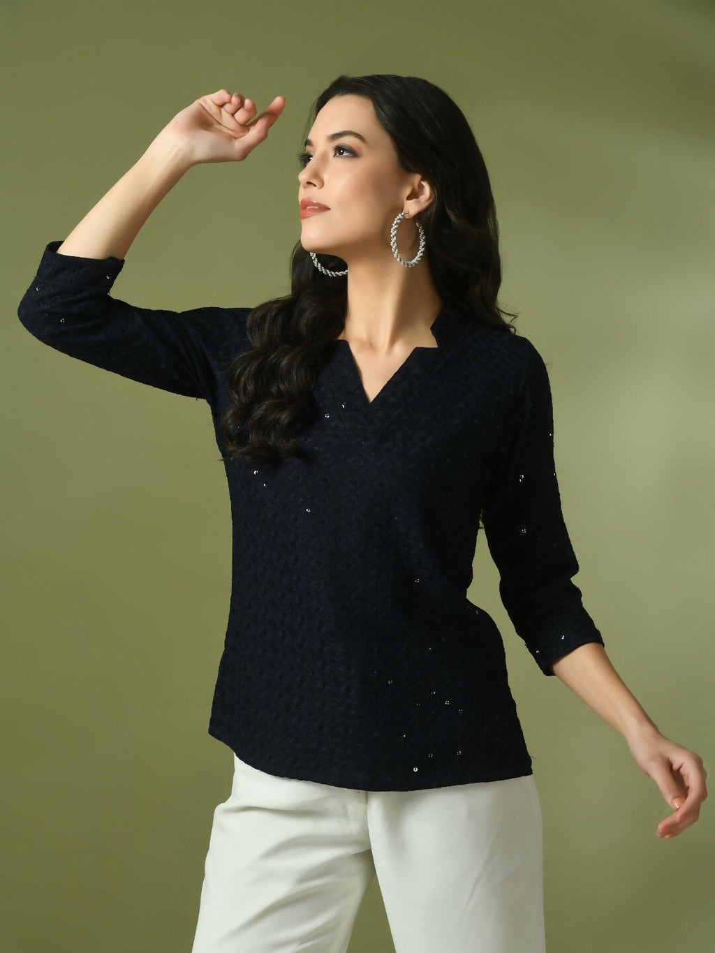 Myshka Women's Navy Blue Embellished Cotton Regular Party Tunic | Grocsy