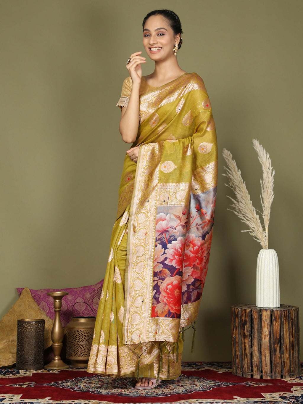 Shree Shyam Fashion Linen Cotton Mhendi Green Saree | Grocsy
