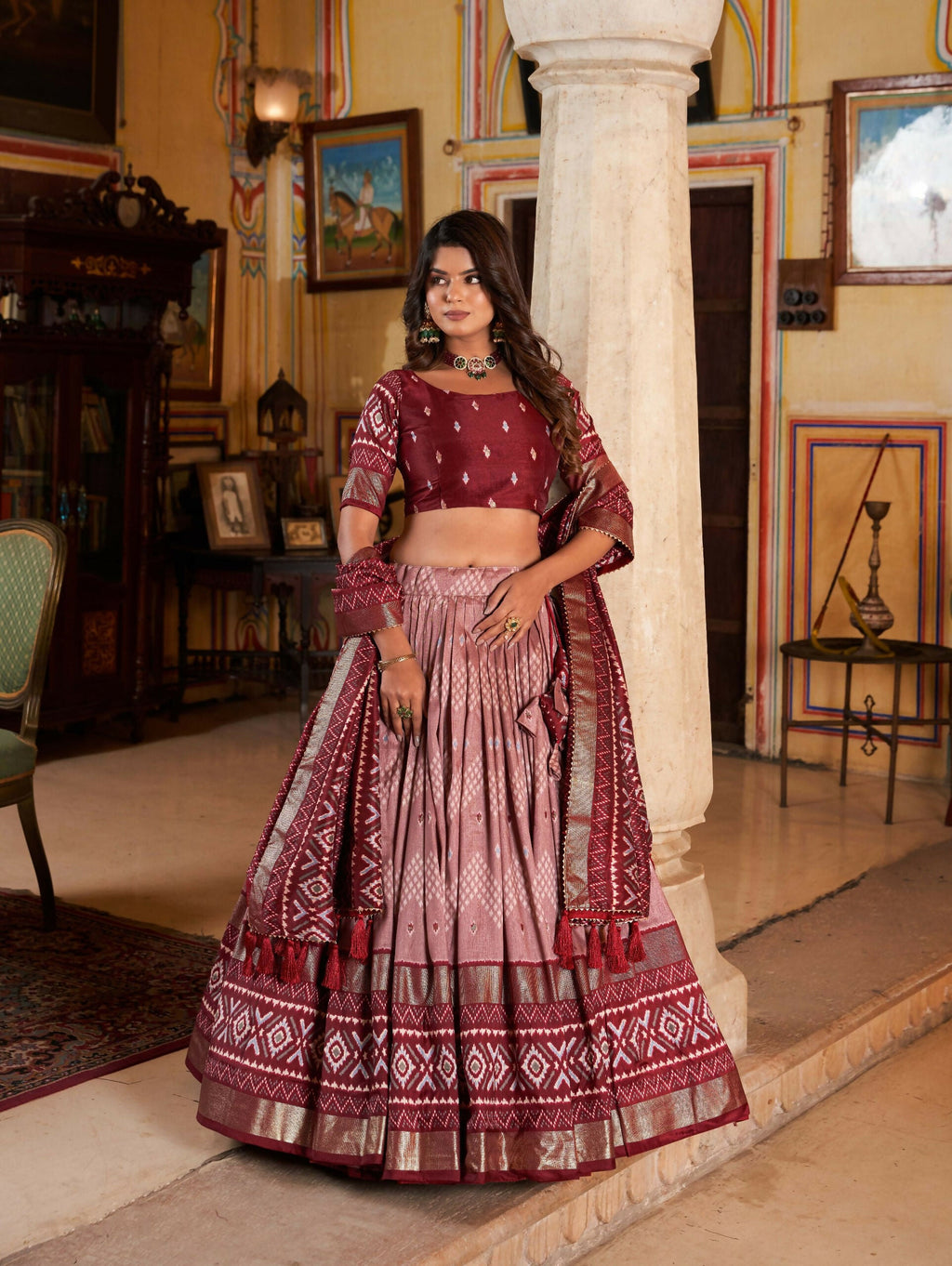Vastranavya Occasionaly Tussar Silk Dot And Ikkat Print With Foil Work Lehenga Choli - Maroon | Grocsy