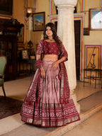 Vastranavya Occasionaly Tussar Silk Dot And Ikkat Print With Foil Work Lehenga Choli - Maroon | Grocsy