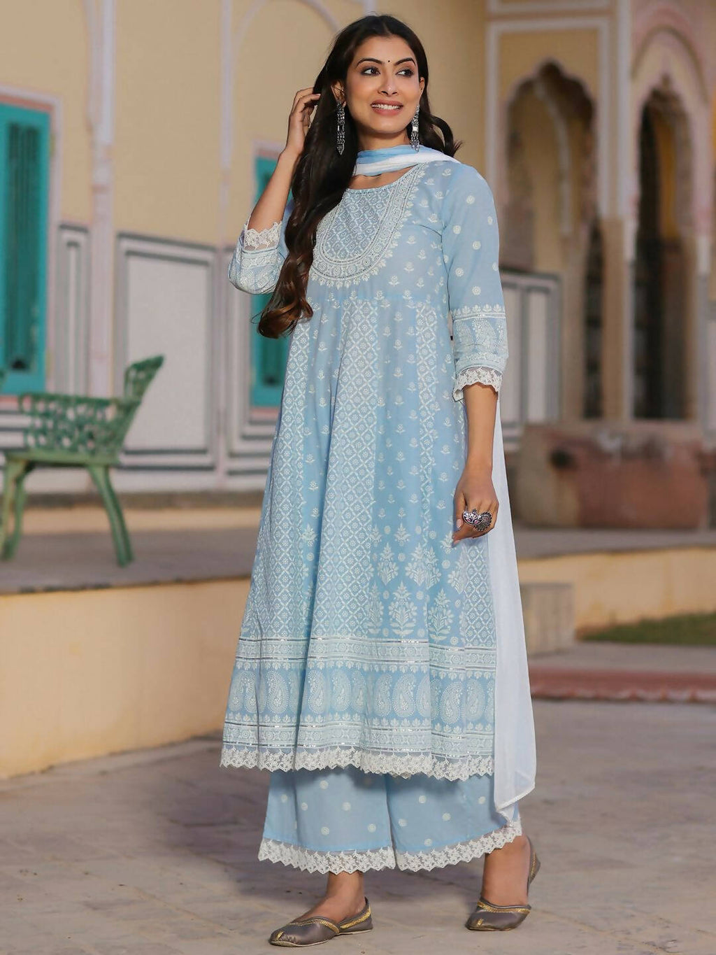 Juniper Women's Powerblue Cambric Floral Printed Anarkali Kurta Sets | Grocsy