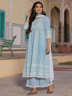 Juniper Women's Powerblue Cambric Floral Printed Anarkali Kurta Sets | Grocsy