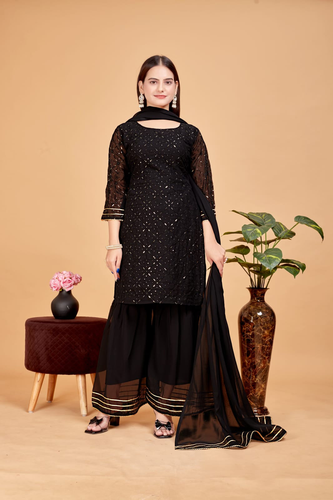 Women's A-Line Black Kurta and Sharara With Dupatta Set - A2M | Grocsy