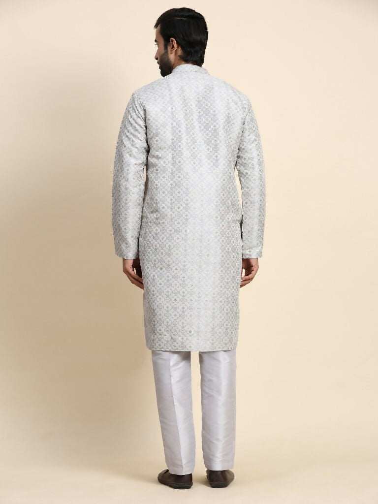 Grey Viscose Jacquard Woven Jacquard Designer Men's Rajwadi Kurta Set - Mahotsav | Grocsy