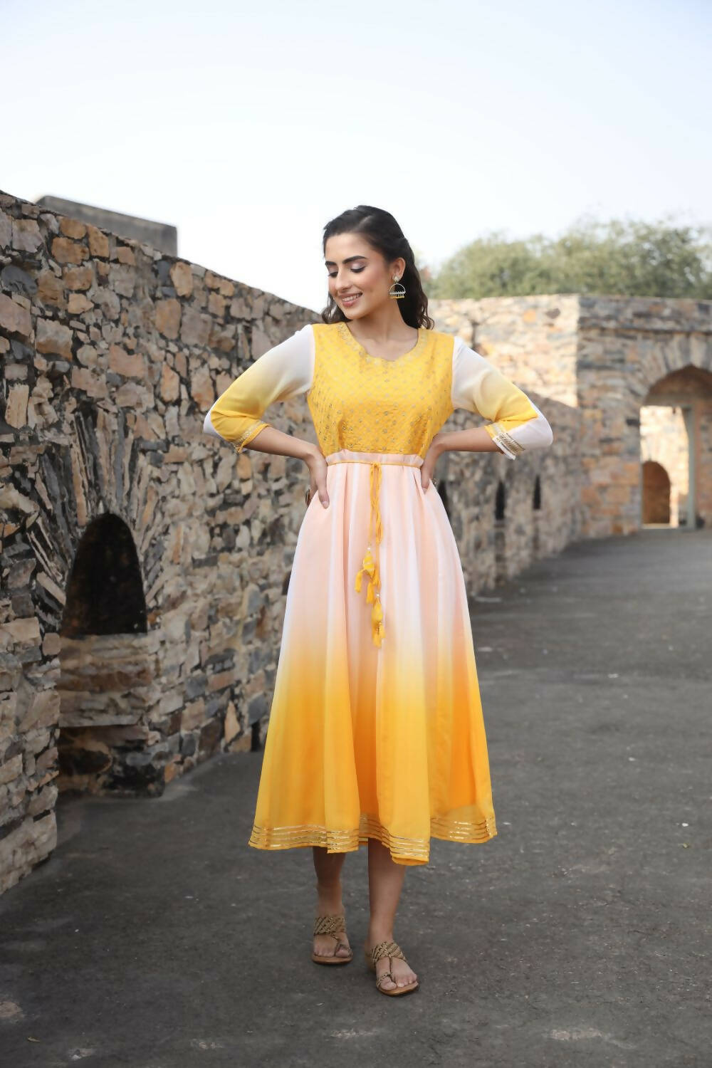 Juniper Women Yellow Georgette Embroidered Maxi Dress | Grocsy