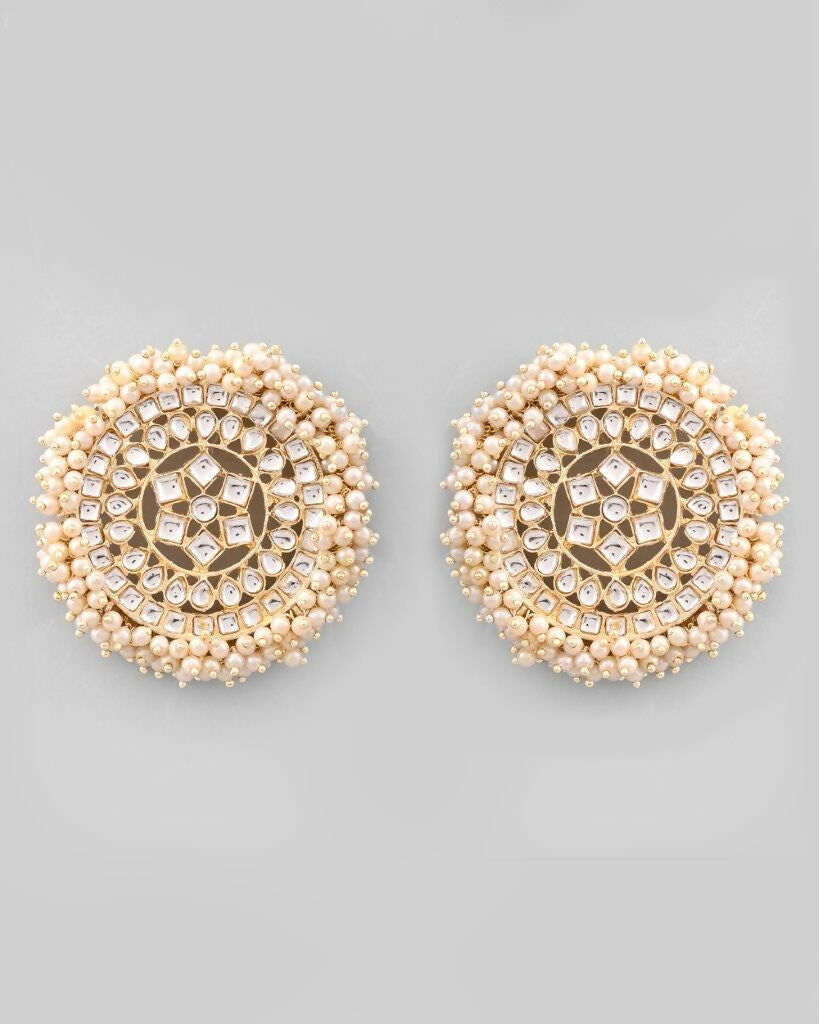 VOJ Gold-Polished White Pearl Cricluar Studs Earrings