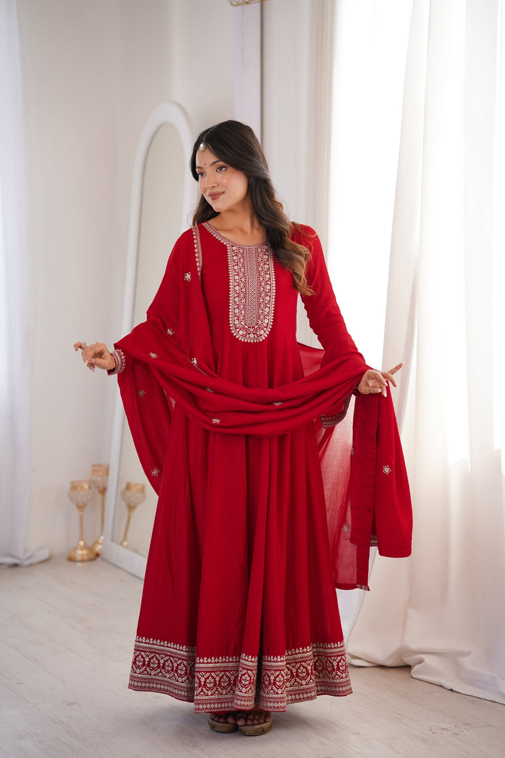 Lorenvalley Fashion Red Vichitra Silk with Full Kali Pattern Embroidery work Anarkali Gown with Dupatta | Grocsy