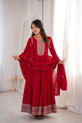 Lorenvalley Fashion Red Vichitra Silk with Full Kali Pattern Embroidery work Anarkali Gown with Dupatta | Grocsy