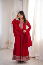 Lorenvalley Fashion Red Vichitra Silk with Full Kali Pattern Embroidery work Anarkali Gown with Dupatta | Grocsy