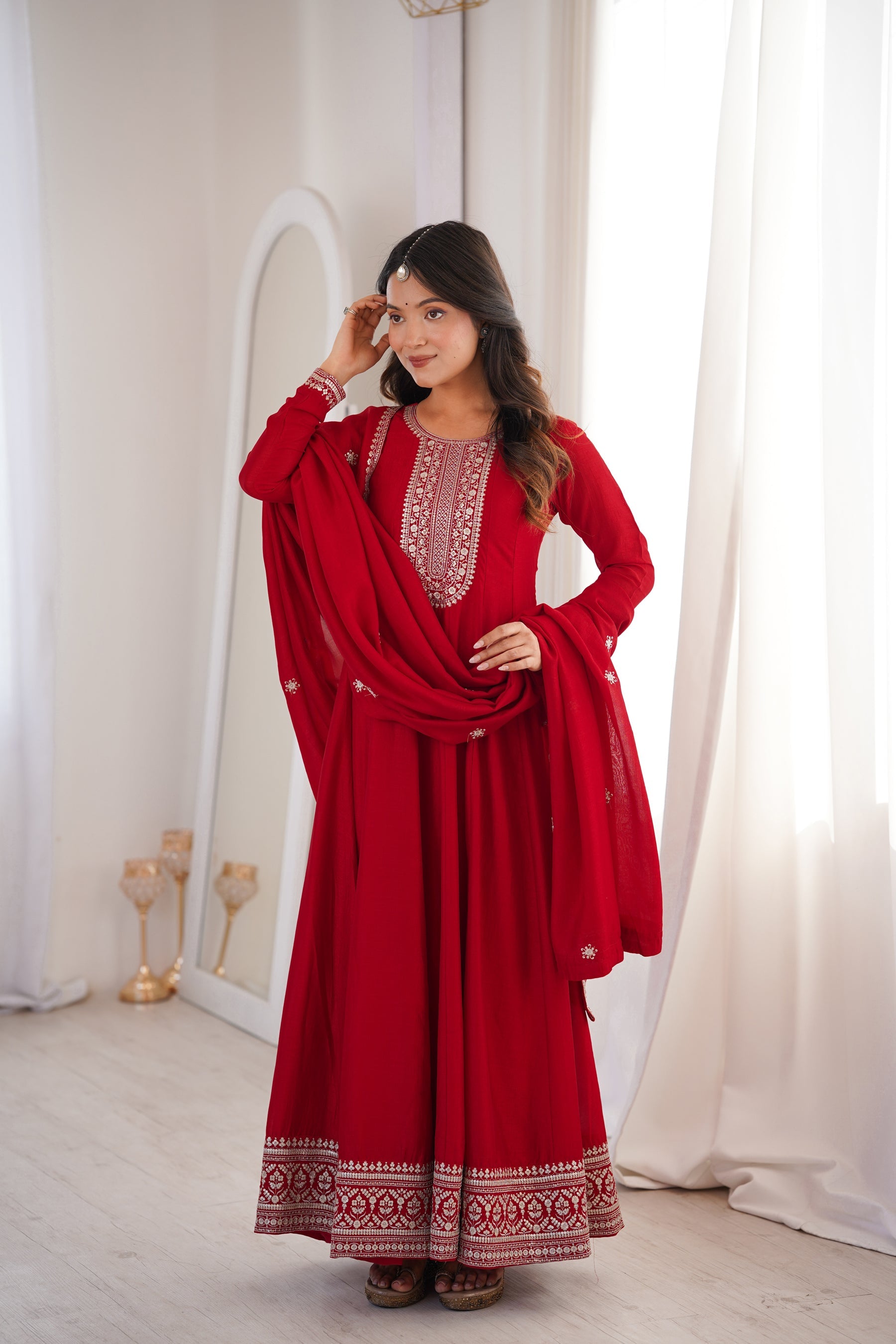 Lorenvalley Fashion Red Vichitra Silk with Full Kali Pattern Embroidery work Anarkali Gown with Dupatta | Grocsy