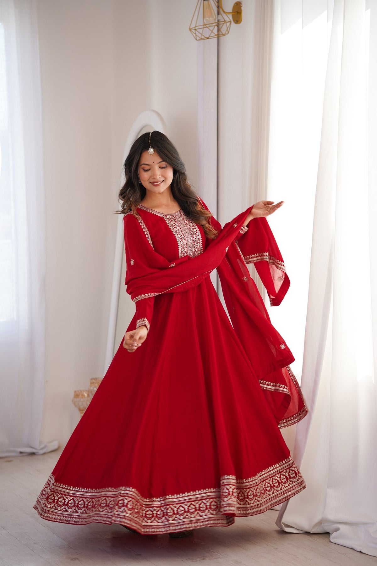 Lorenvalley Fashion Red Vichitra Silk with Full Kali Pattern Embroidery work Anarkali Gown with Dupatta | Grocsy