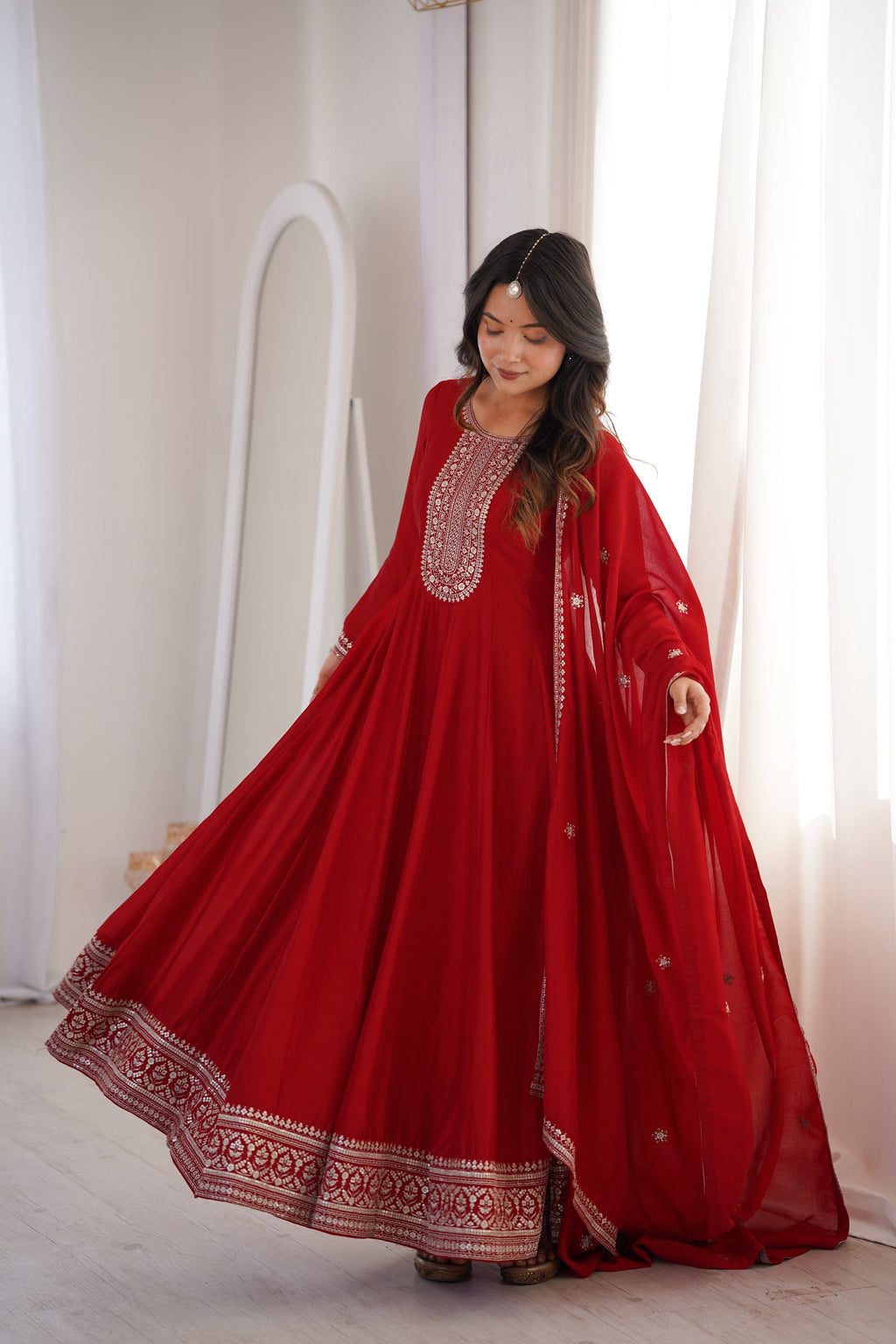 Lorenvalley Fashion Red Vichitra Silk with Full Kali Pattern Embroidery work Anarkali Gown with Dupatta | Grocsy