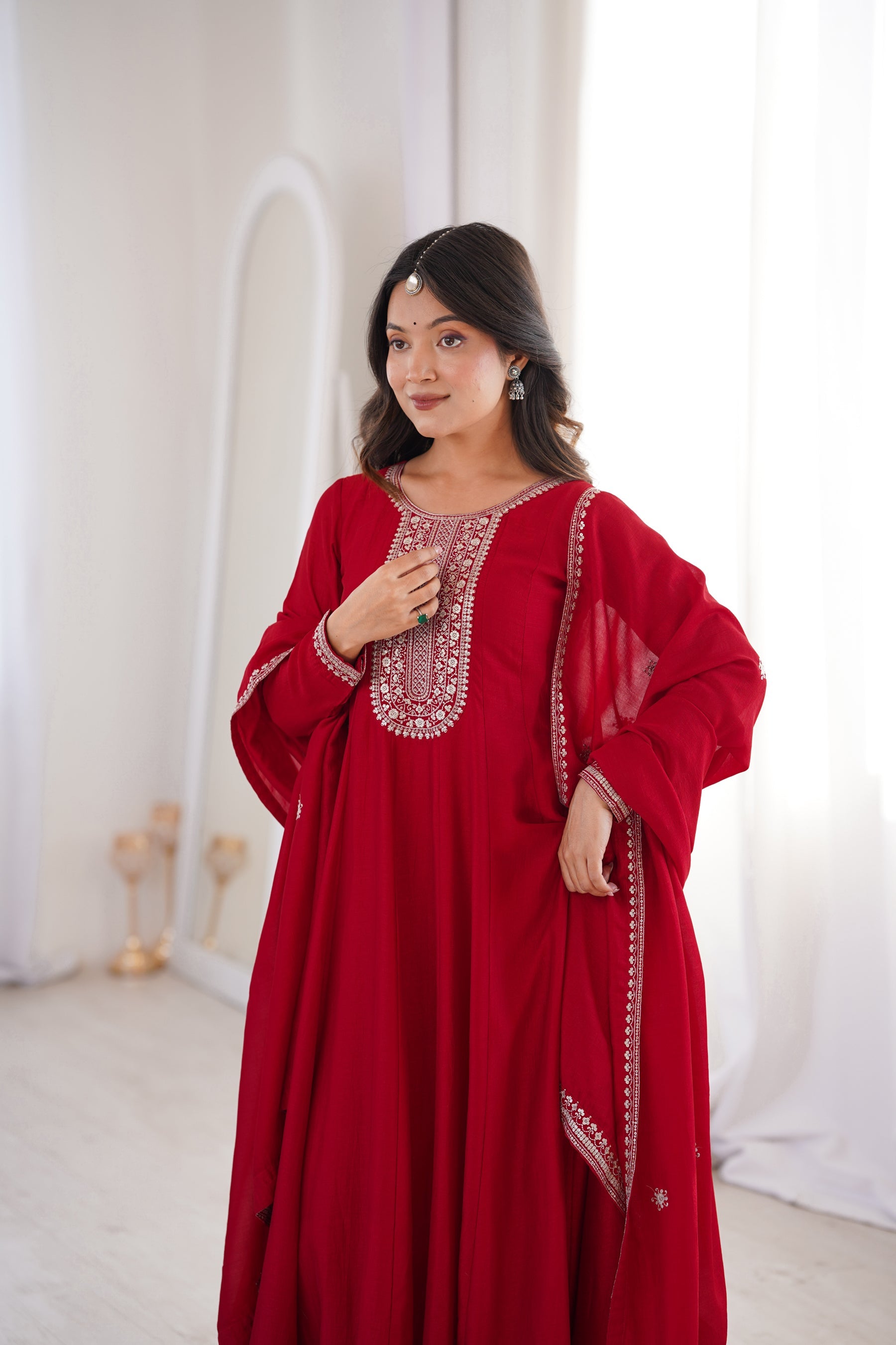 Lorenvalley Fashion Red Vichitra Silk with Full Kali Pattern Embroidery work Anarkali Gown with Dupatta | Grocsy