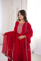 Lorenvalley Fashion Red Vichitra Silk with Full Kali Pattern Embroidery work Anarkali Gown with Dupatta | Grocsy