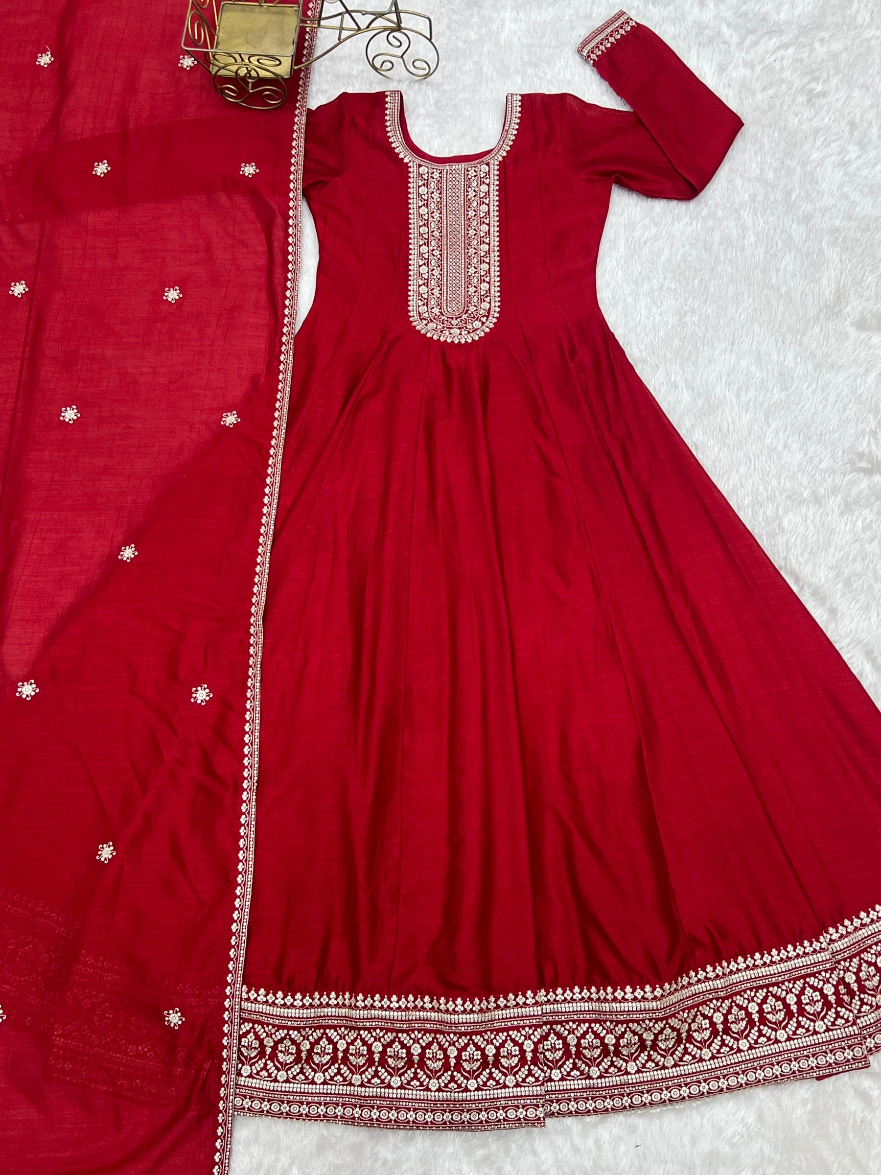 Lorenvalley Fashion Red Vichitra Silk with Full Kali Pattern Embroidery work Anarkali Gown with Dupatta | Grocsy