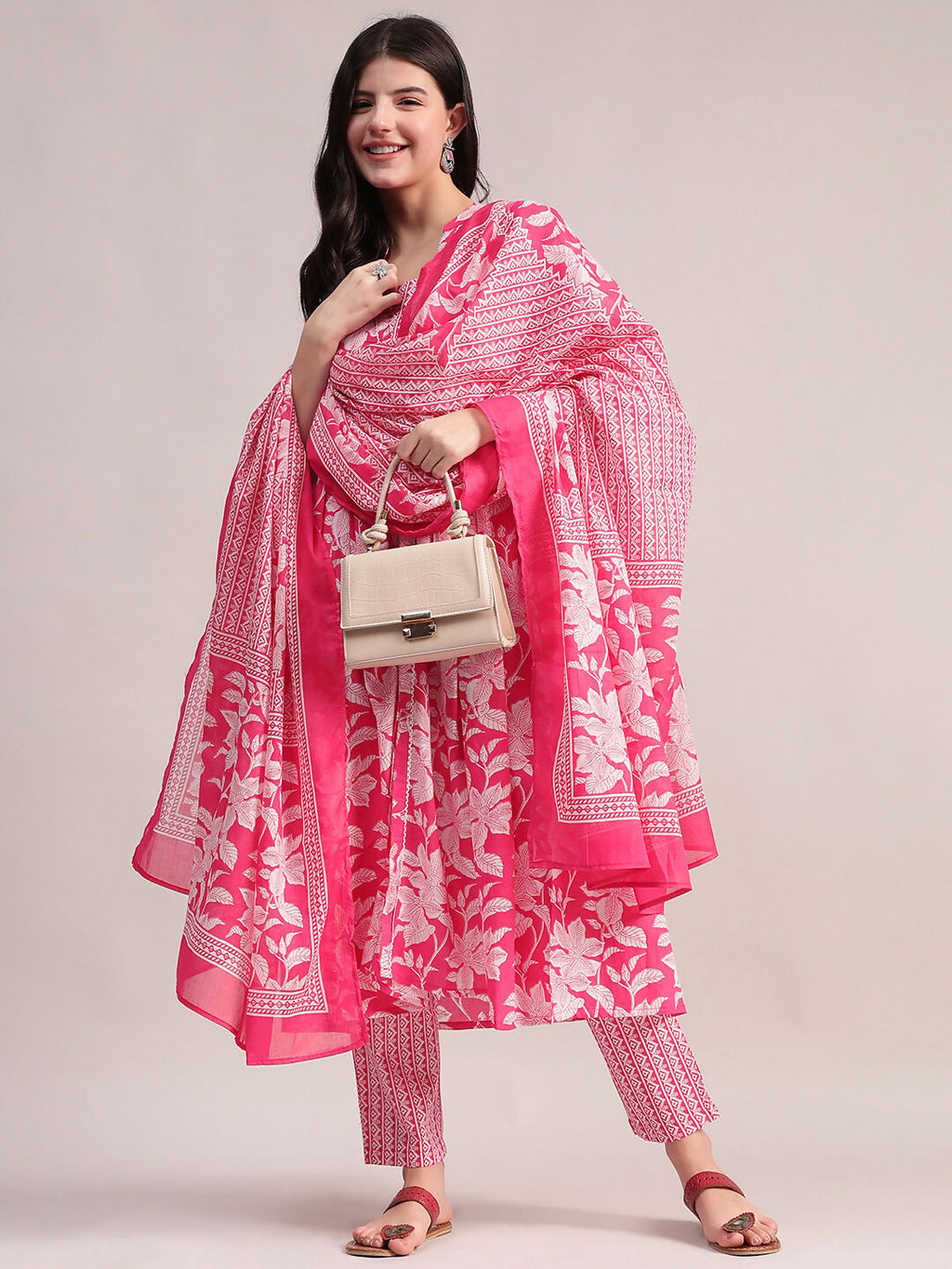 Aavyora Women's Pink Floral Cotton Kurta with Lace Detailing, with Trouser & Dupatta | Grocsy